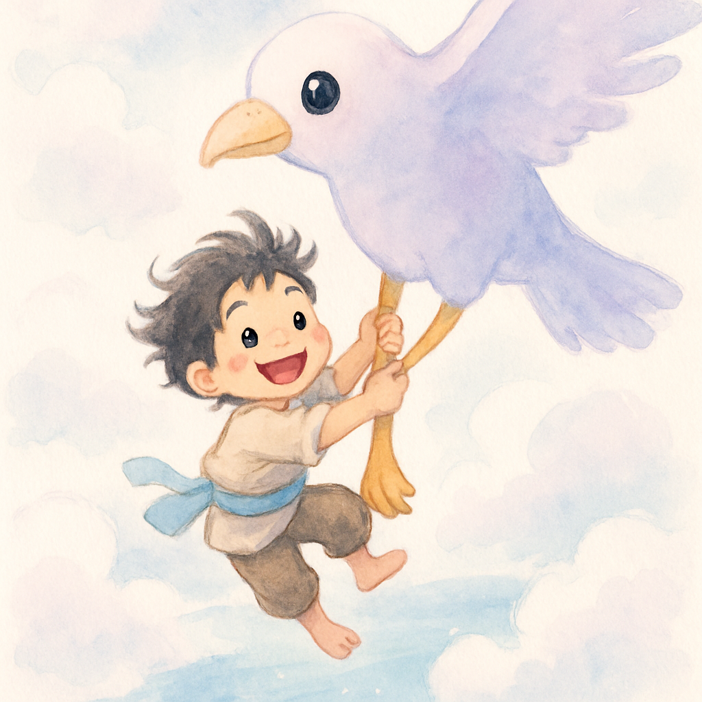 신밧드가 거대한 새의 다리를 붙잡고 하늘 높이 날아오르는 장면