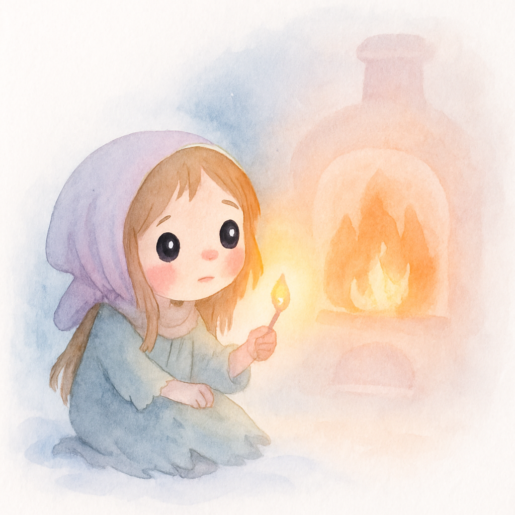 첫 번째 성냥을 켜는 소녀, 불빛 속에 따뜻한 난로가 보임