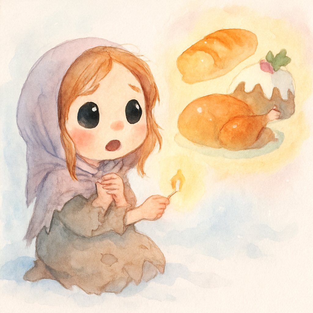 두 번째 성냥을 켜는 소녀, 불빛 속에 맛있는 음식들이 보임