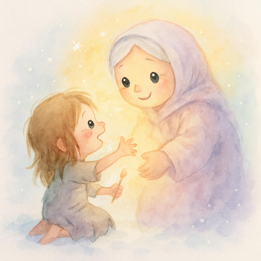 마지막 성냥을 켜는 소녀, 불빛 속에 할머니가 나타나 소녀를 안아줌