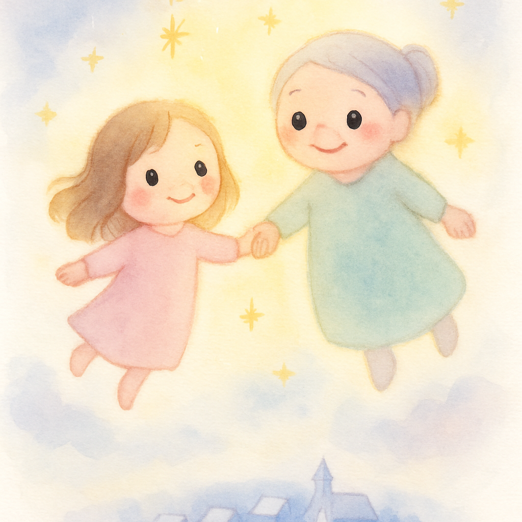 할머니와 소녀가 함께 별이 빛나는 하늘로 올라감