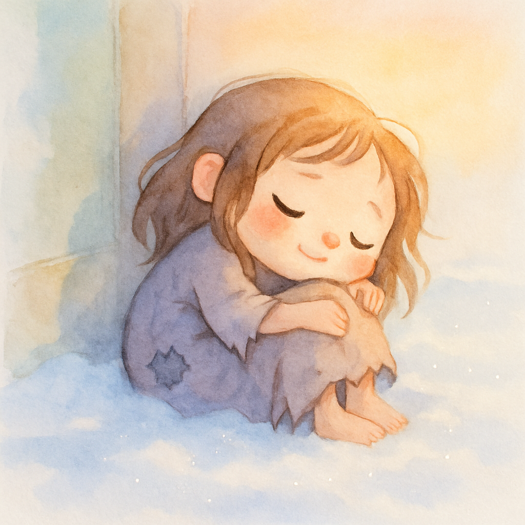 눈 그친 아침, 평화롭게 미소 지으며 잠든 소녀