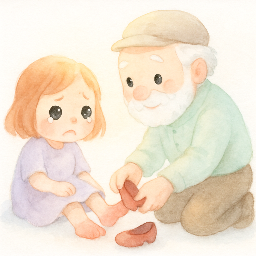 착한 할아버지가 나타나 빨간 구두를 벗겨주는 장면