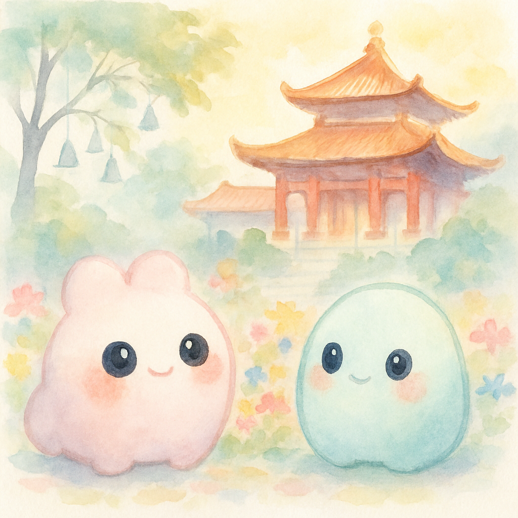 아름다운 중국 황제의 궁전과 정원, 은빛 방울이 달린 나무들