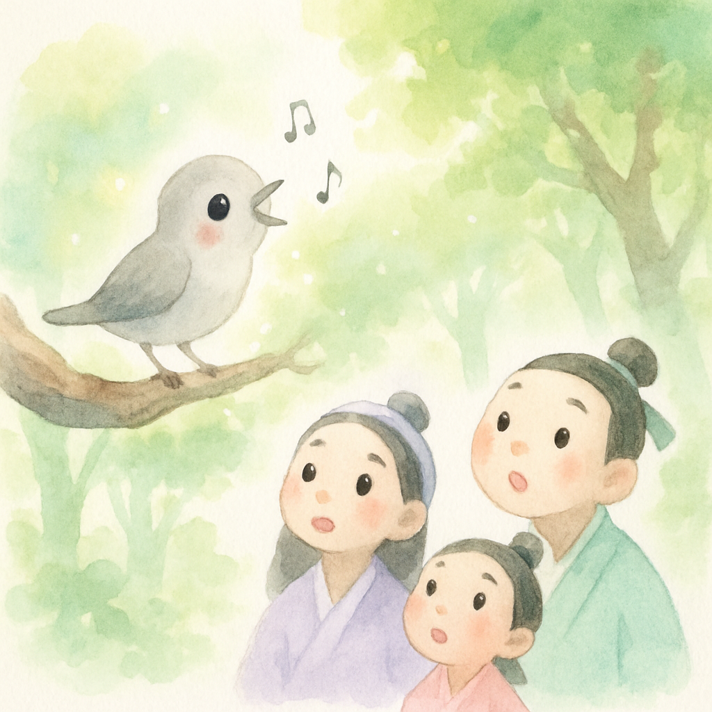 숲속 나뭇가지에 앉아 노래하는 회색 나이팅게일과 감탄하며 듣는 사람들