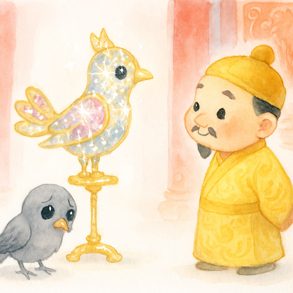 황제가 보석으로 만든 화려한 기계 새를 바라보고, 진짜 나이팅게일이 슬퍼하는 장면