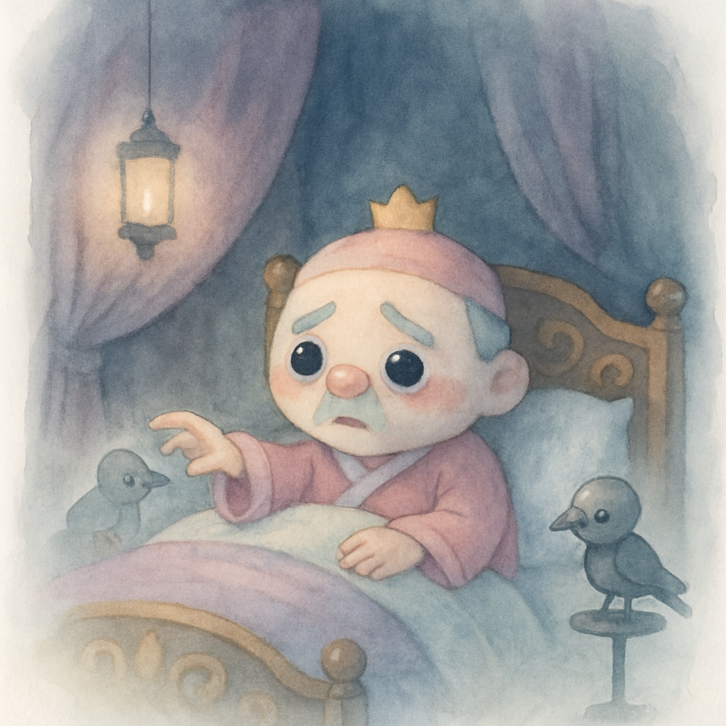 병든 황제가 침대에 누워있고 고장난 기계 새가 멈춰있는 어두운 장면