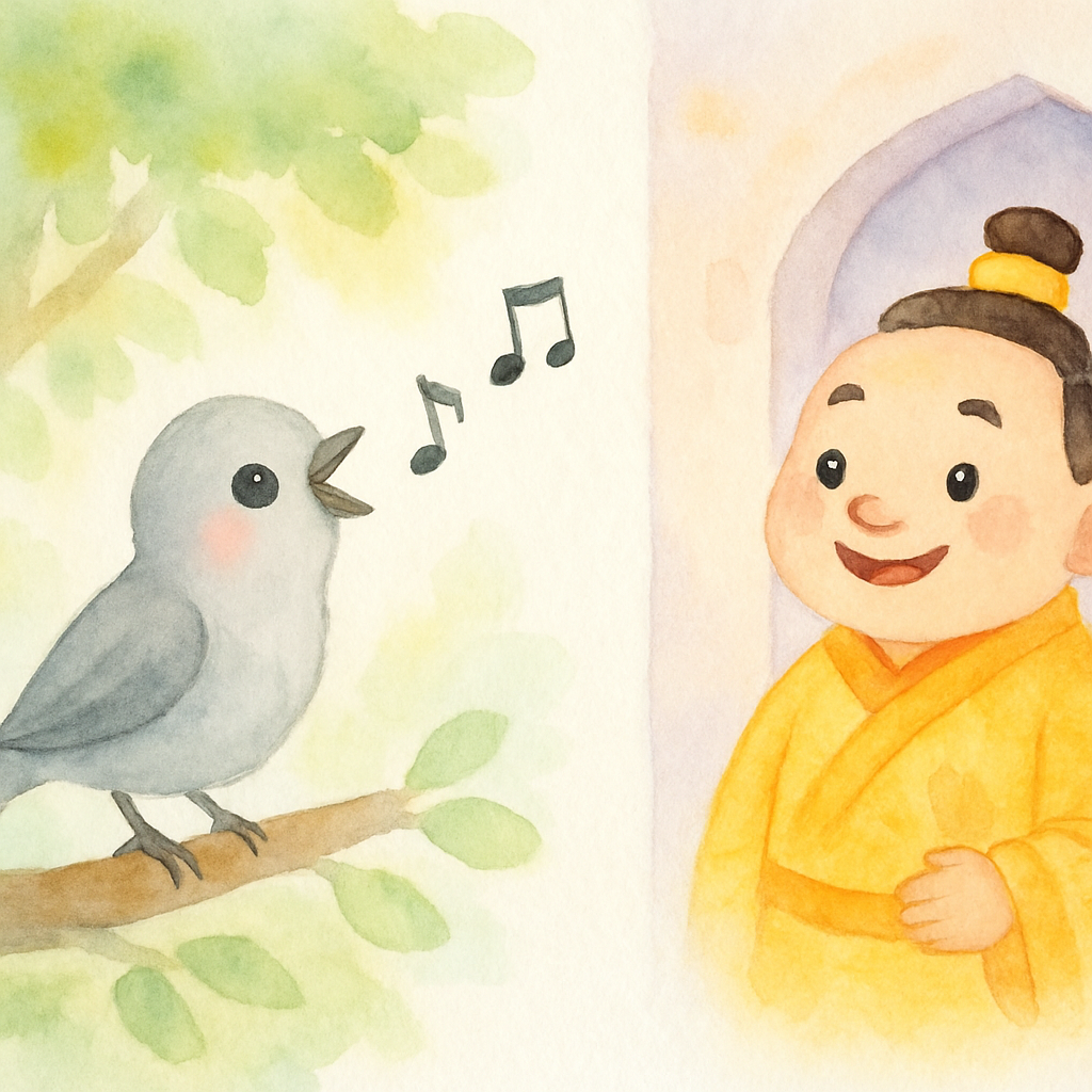 나이팅게일이 숲에서 노래하고 황제가 창가에서 미소지으며 듣는 장면