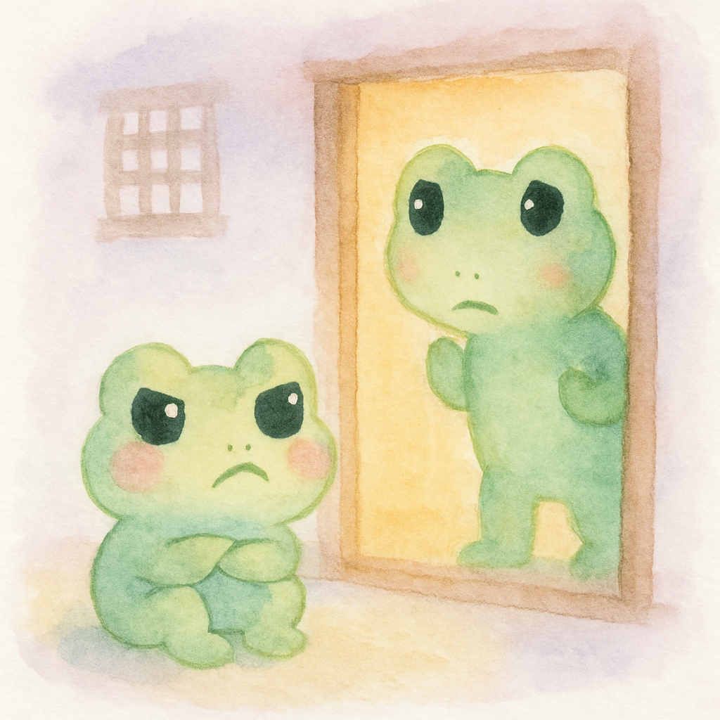 청개구리가 엄마 말을 거역하며 집 안에만 있는 장면