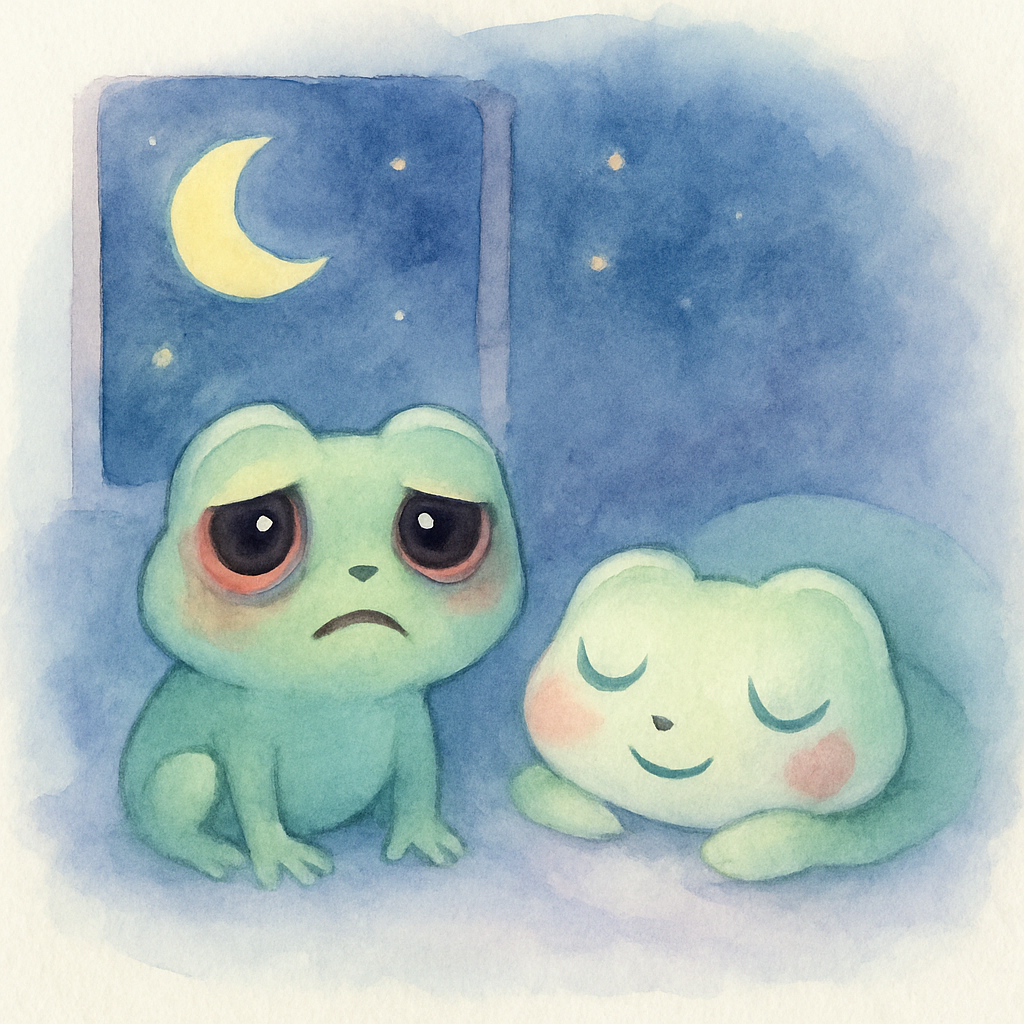 청개구리가 밤새 깨어있어 눈이 빨개진 장면