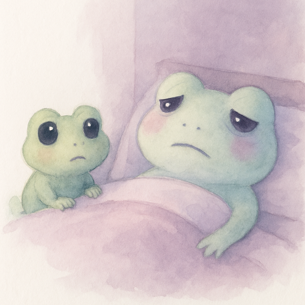 엄마 개구리가 아파서 누워있고 청개구리가 걱정하는 장면