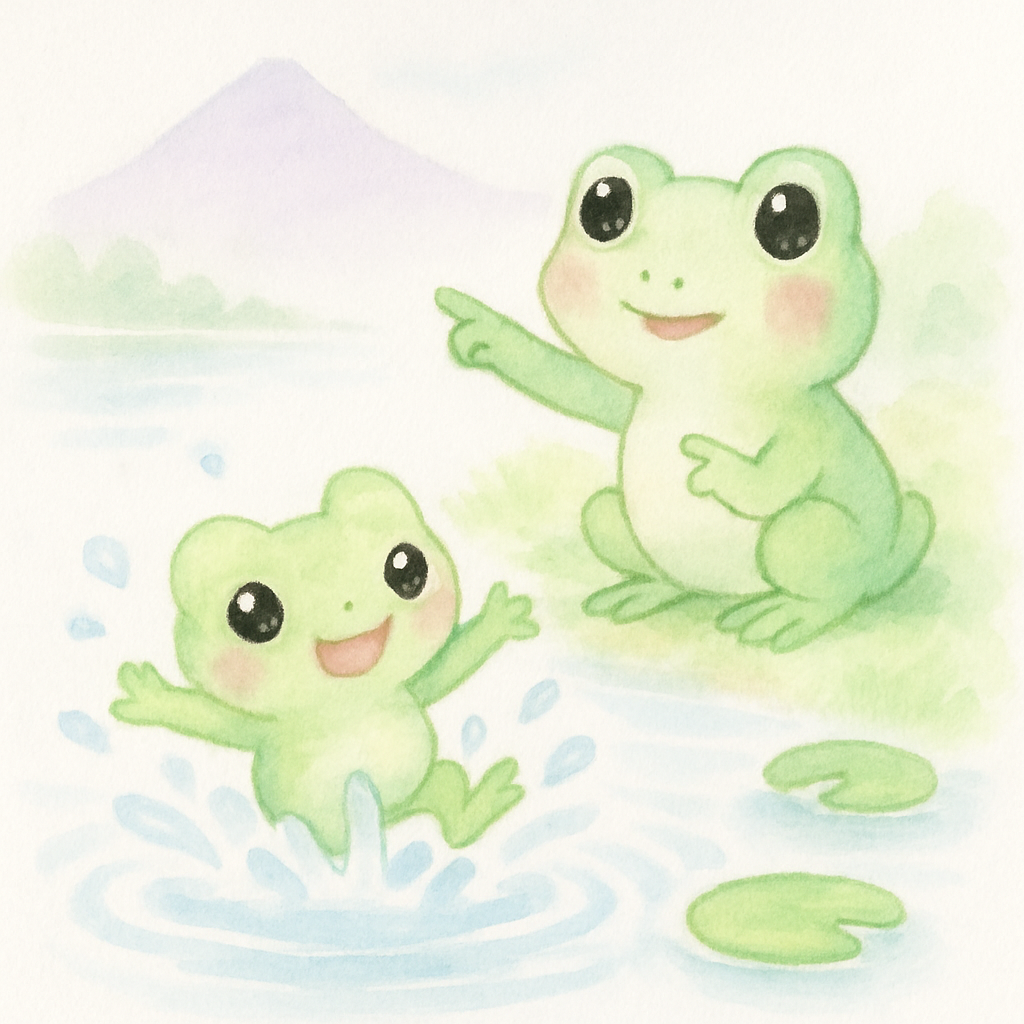 청개구리가 산 대신 연못으로 퐁당 뛰어드는 장면