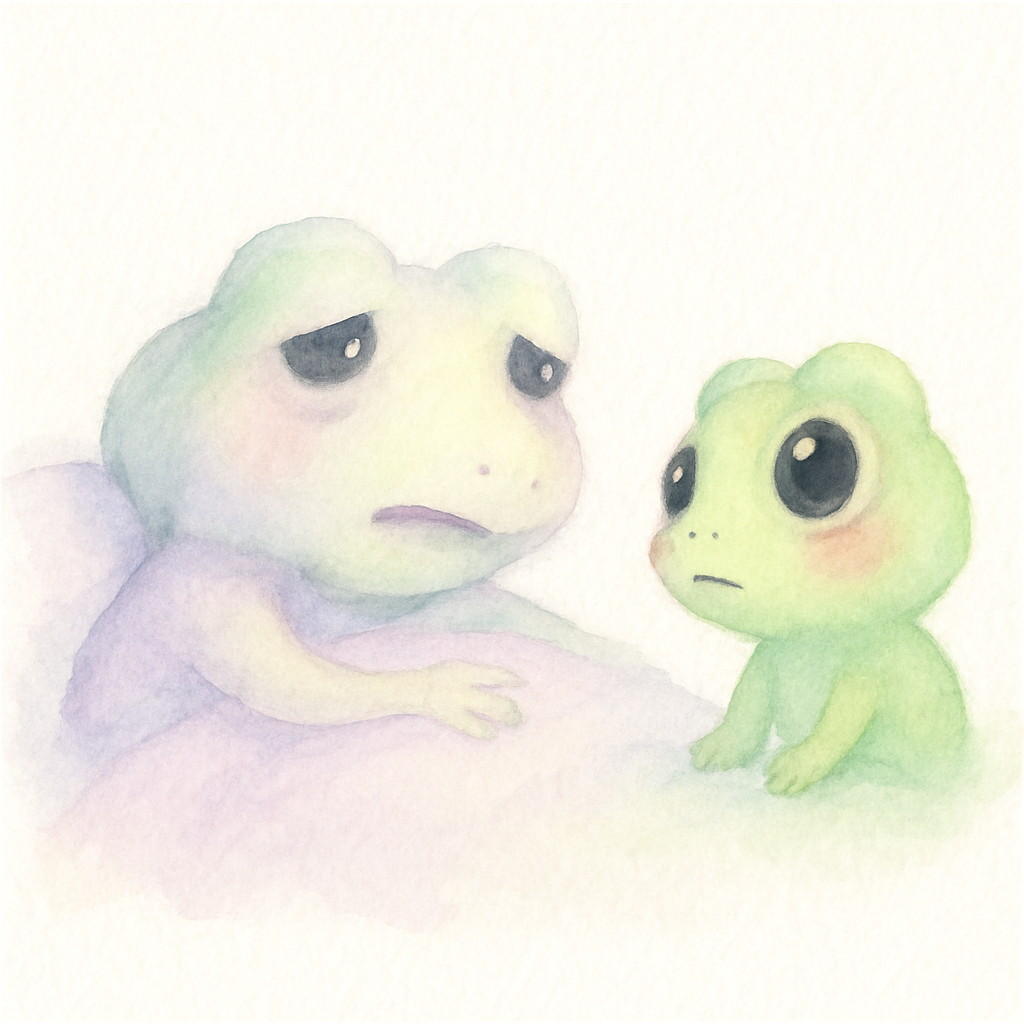 엄마가 유언을 남기며 청개구리에게 산에 묻어달라고 말하는 장면