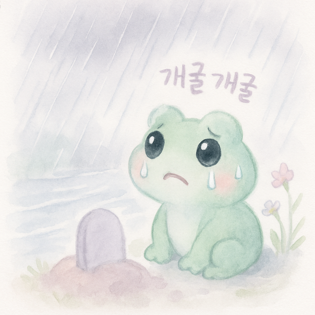 비 오는 날 청개구리가 강가 무덤 옆에서 슬프게 우는 장면