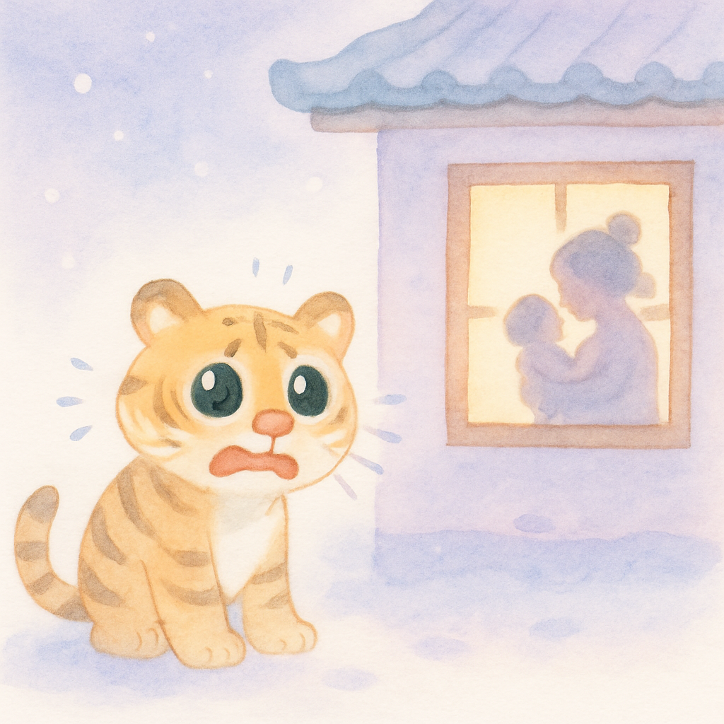 엄마가 곶감을 주겠다고 하자 아기가 울음을 멈춤, 호랑이가 놀라서 떨고 있음