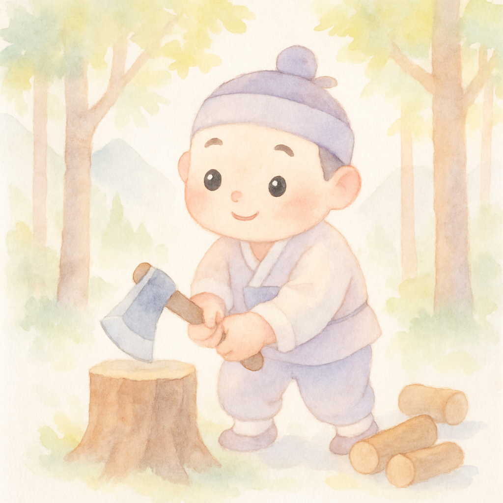 착한 나무꾼이 산에서 도끼로 나무를 자르는 장면
