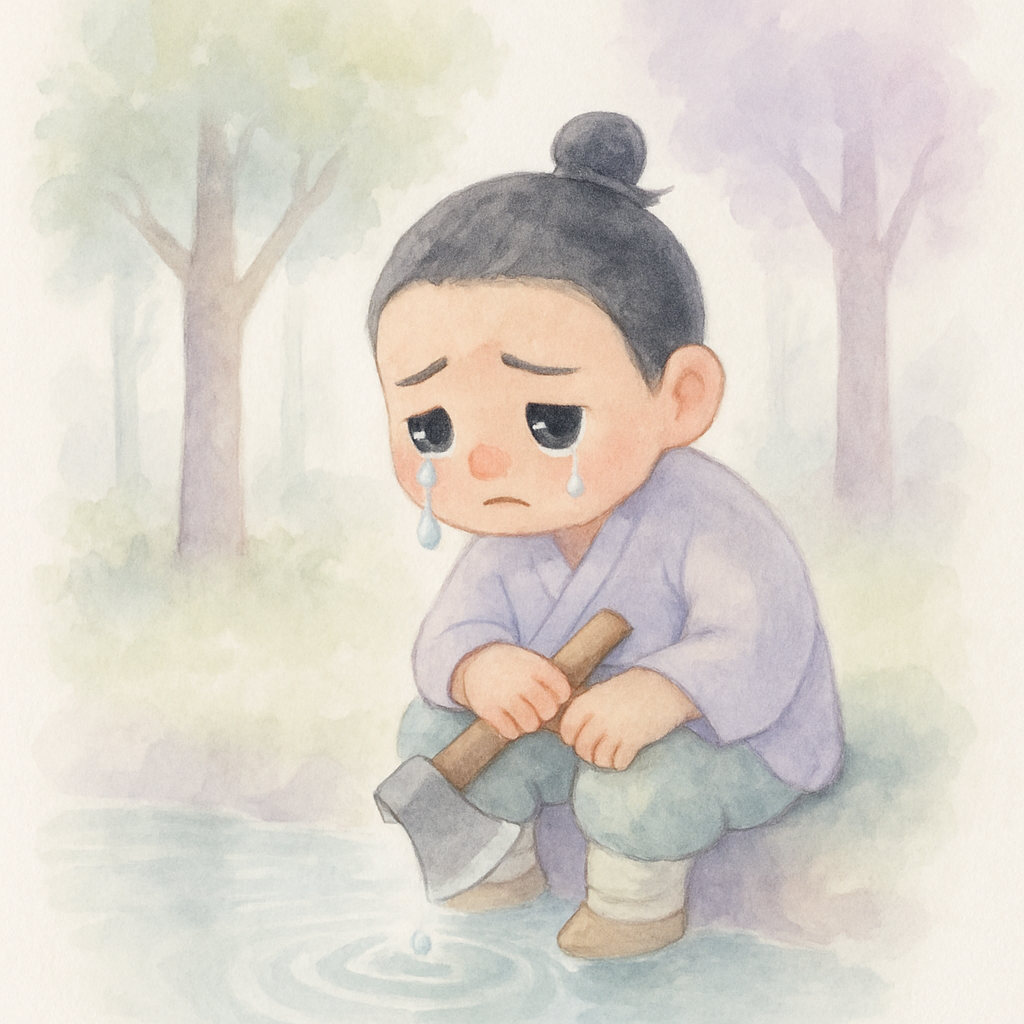 나무꾼이 연못가에서 슬프게 우는 장면