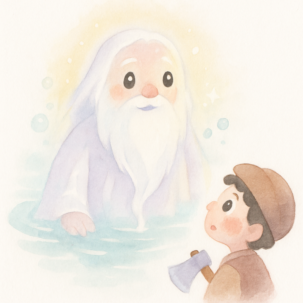 반짝이는 산신령 할아버지가 연못에서 나타나는 장면