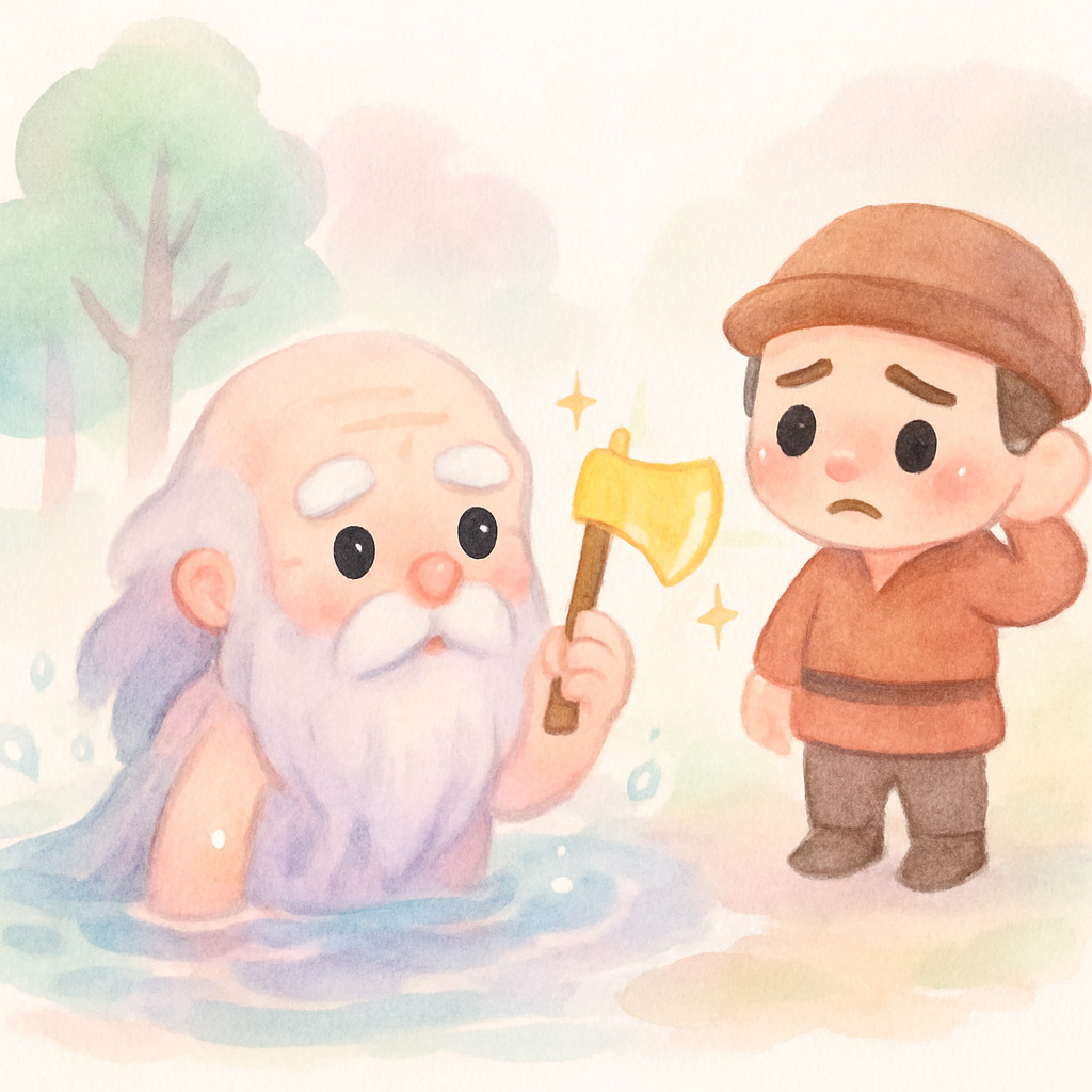 산신령이 금도끼를 들고 나무꾼에게 보여주는 장면