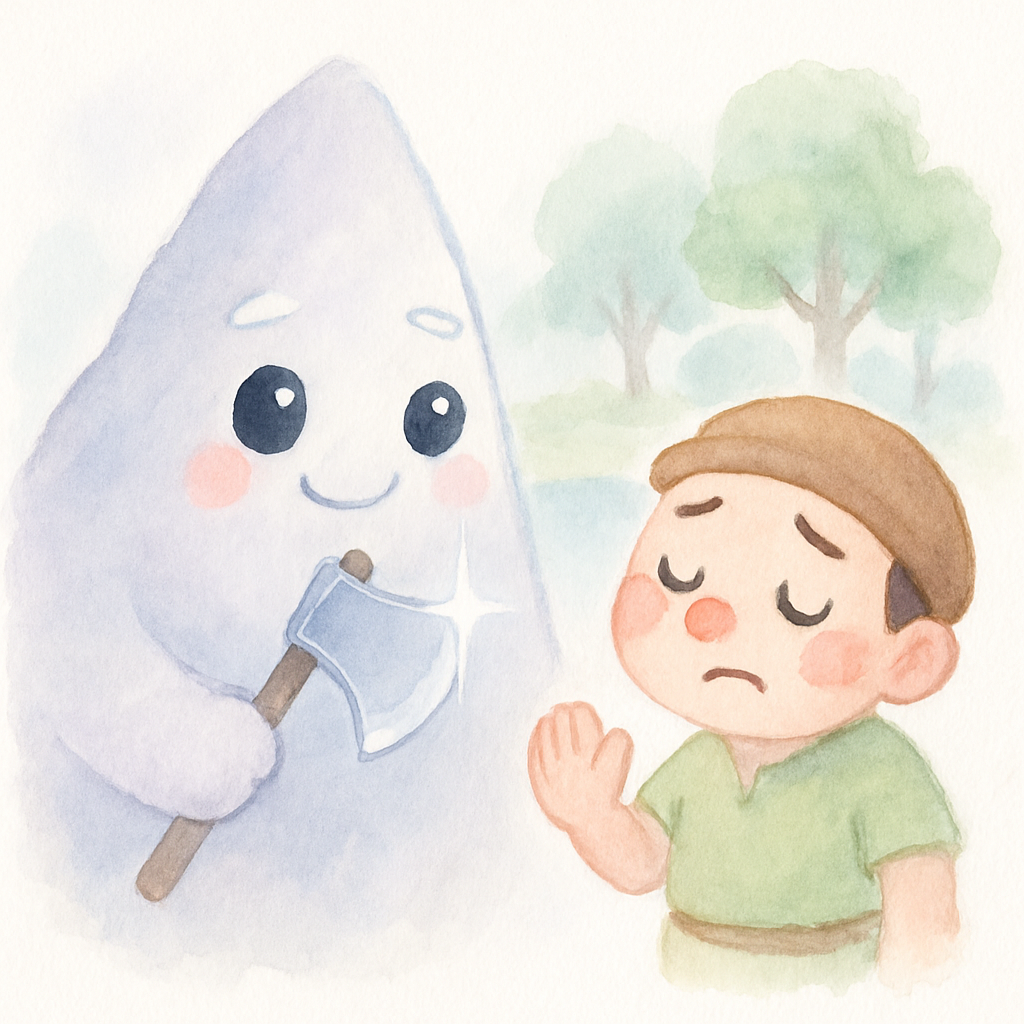 산신령이 은도끼를 들고 나무꾼에게 보여주는 장면