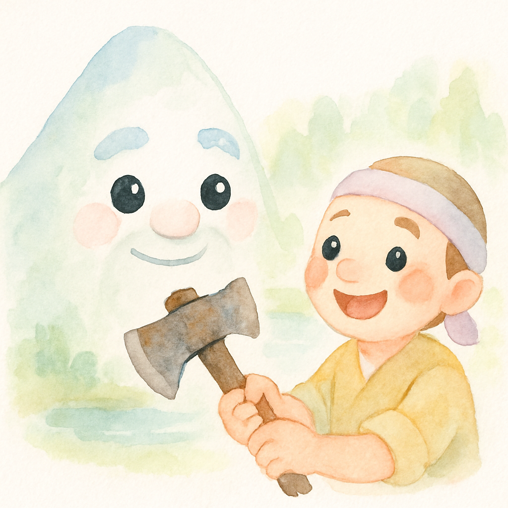 산신령이 낡은 쇠도끼를 들고 나오자 나무꾼이 기뻐하는 장면