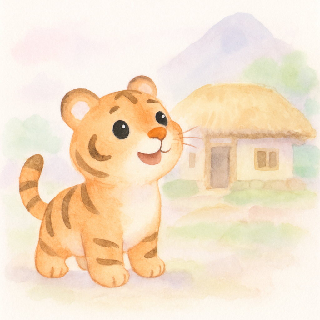 산 아래 마을의 작은 오두막집 앞에 선 떡을 좋아하는 호랑이