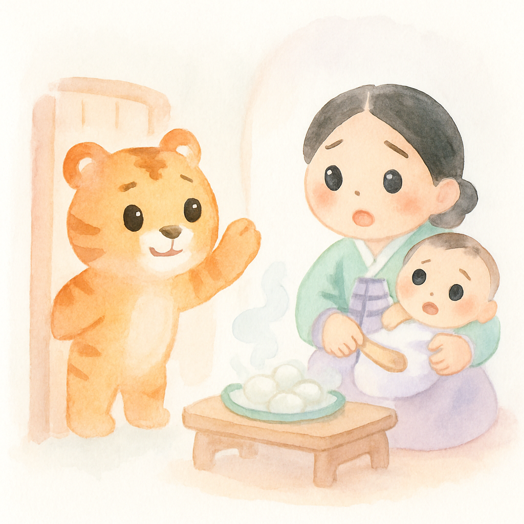 문을 두드리는 호랑이와 집 안에서 떡을 만들고 있는 엄마와 아기