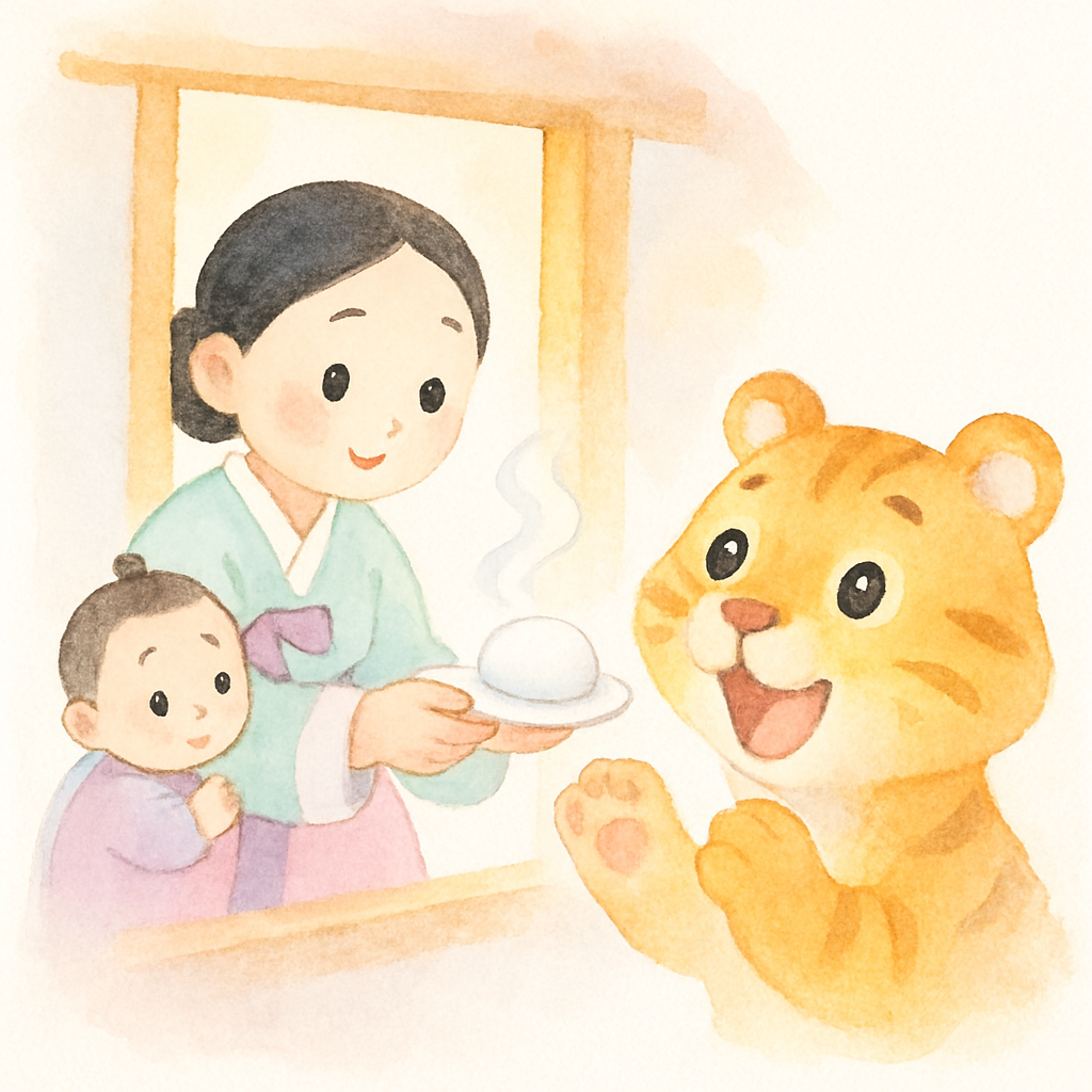 창문으로 떡을 내미는 엄마와 떡을 받아먹는 호랑이