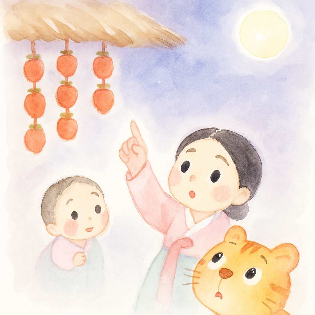 엄마가 지붕 위의 곶감을 가리키며 호랑이에게 설명하는 장면