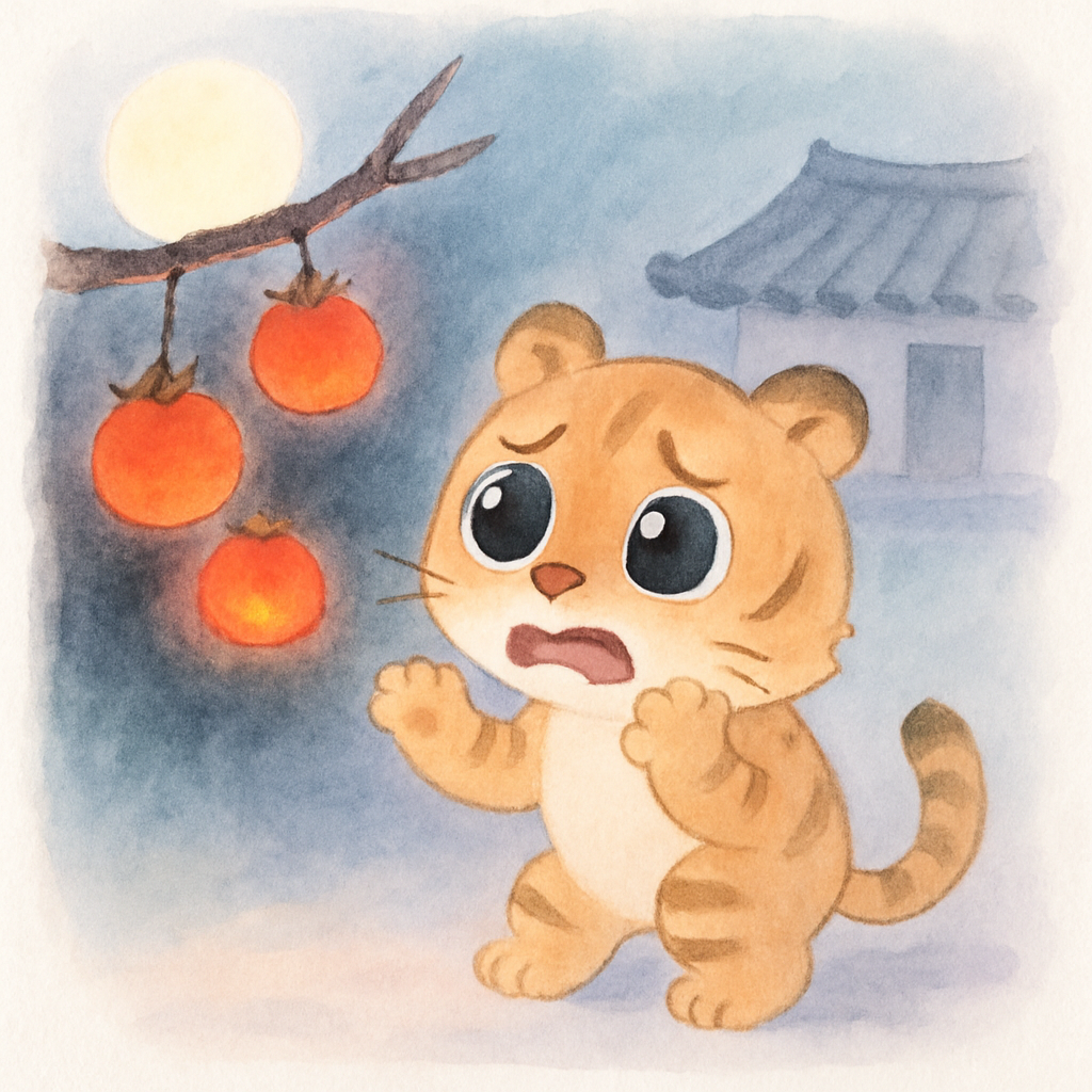 달빛 아래 빛나는 곶감을 보고 겁먹은 호랑이