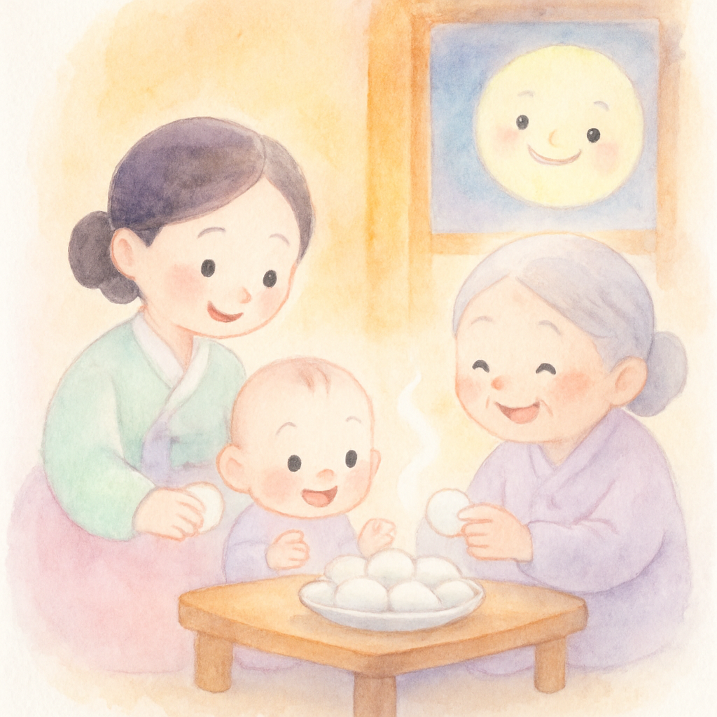 따뜻한 방에서 함께 떡을 나눠 먹는 엄마, 아기, 할머니와 창밖의 웃는 달