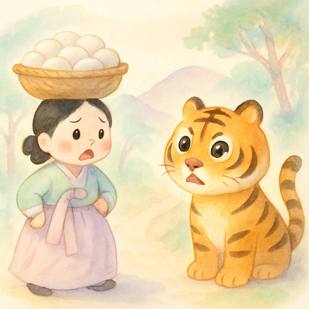 엄마가 떡을 이고 산길을 걷다가 호랑이를 만나는 장면