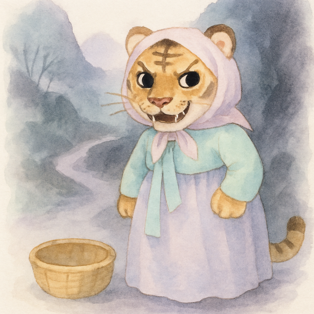 호랑이가 떡을 다 먹고 엄마의 옷까지 빼앗은 장면