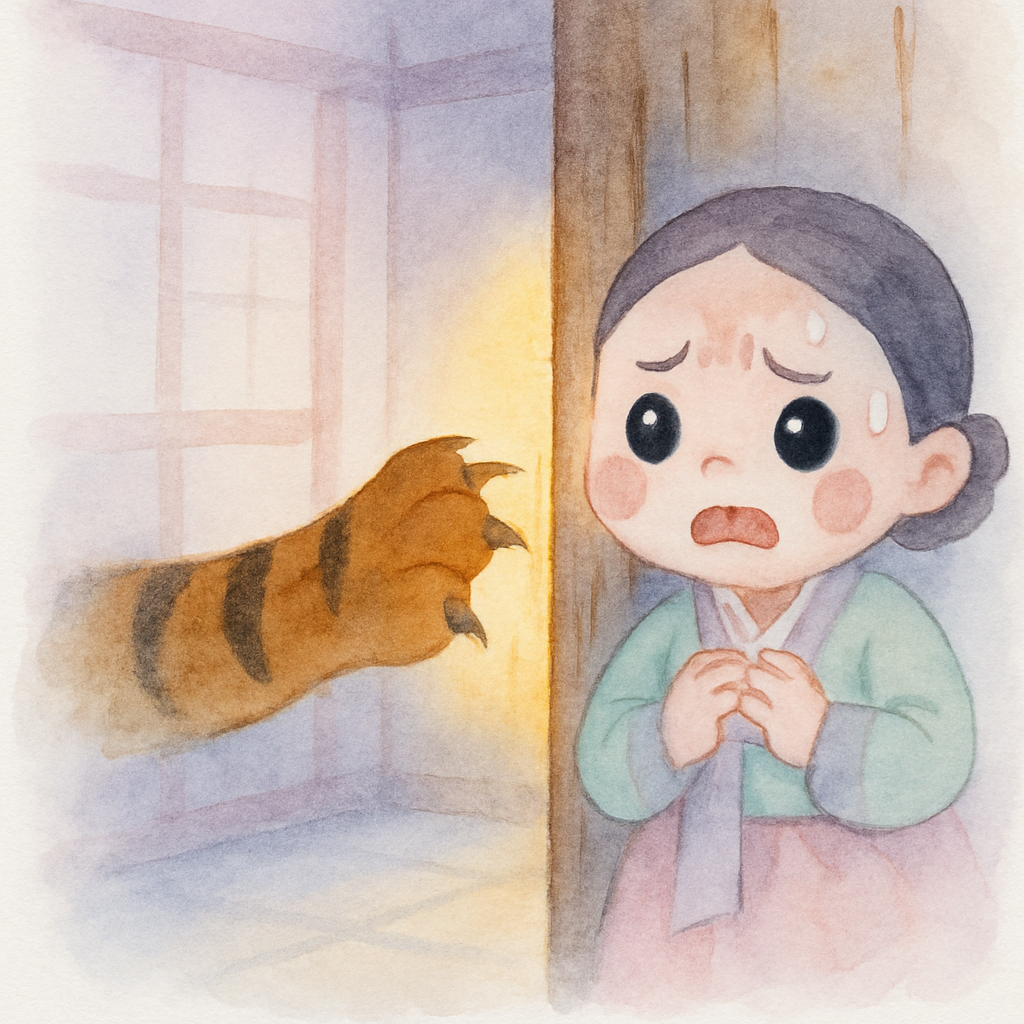 문틈으로 호랑이의 까만 발이 보이는 장면