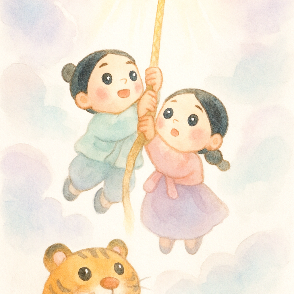 하늘에서 튼튼한 동아줄이 내려와 오빠와 동생이 올라가는 장면