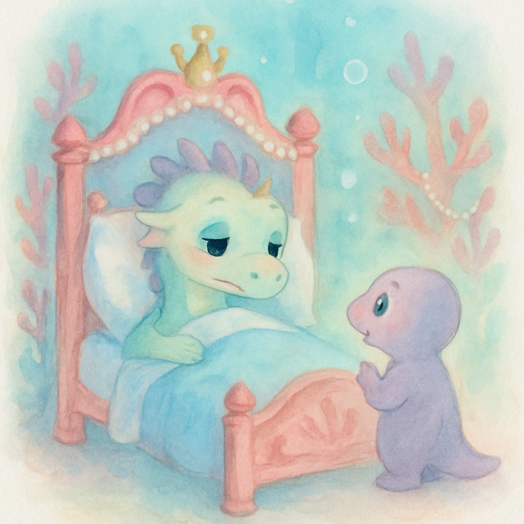 병든 용왕이 누워있고 신하가 옆에서 토끼 간 이야기를 하는 장면