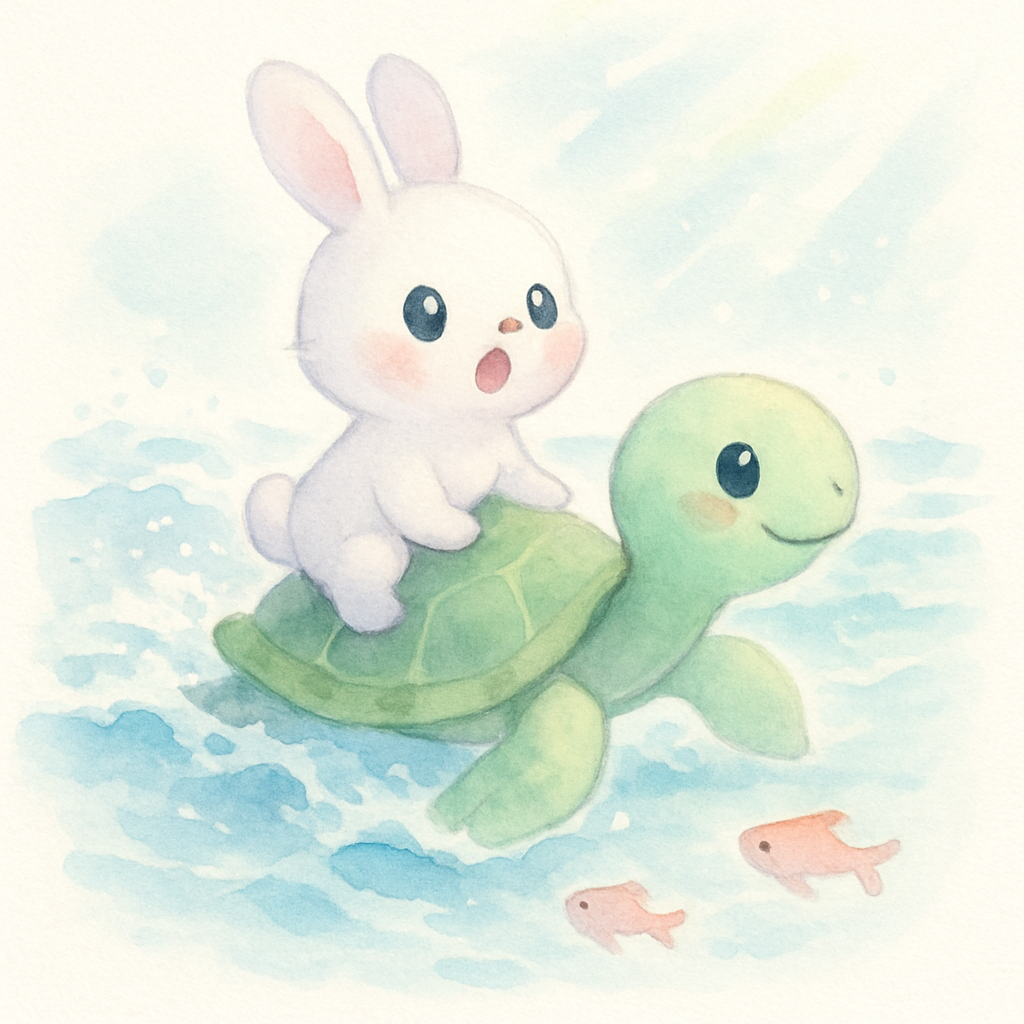 토끼가 자라 등에 타고 바다로 들어가는 장면