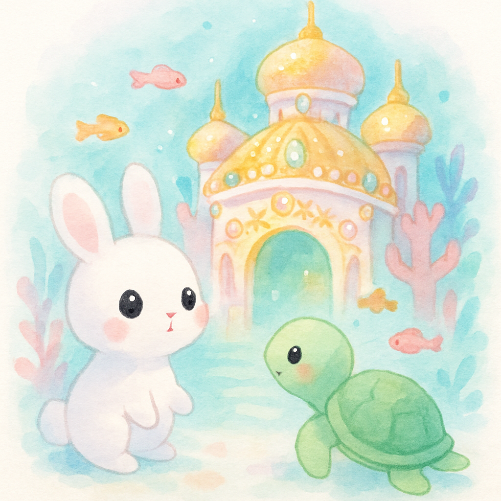 용궁에 도착한 토끼가 반짝이는 궁전을 보는 장면