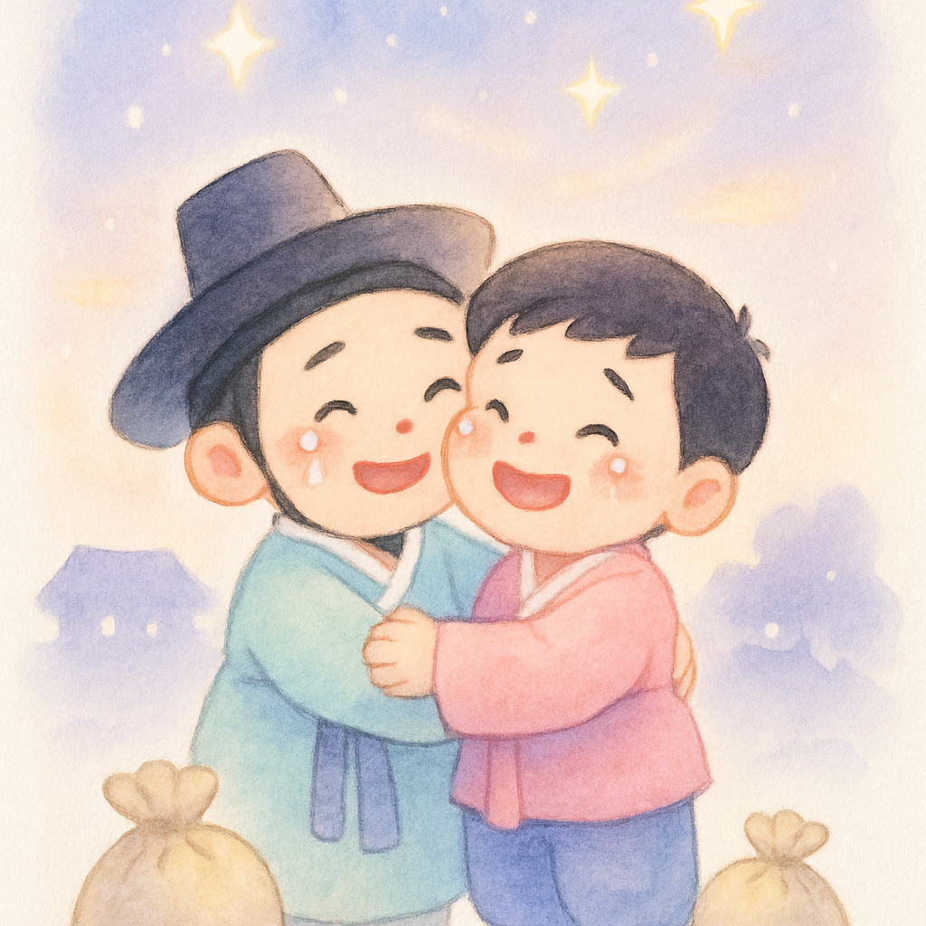 두 형제가 서로 껴안고 별빛 아래에서 웃는 마지막 장면