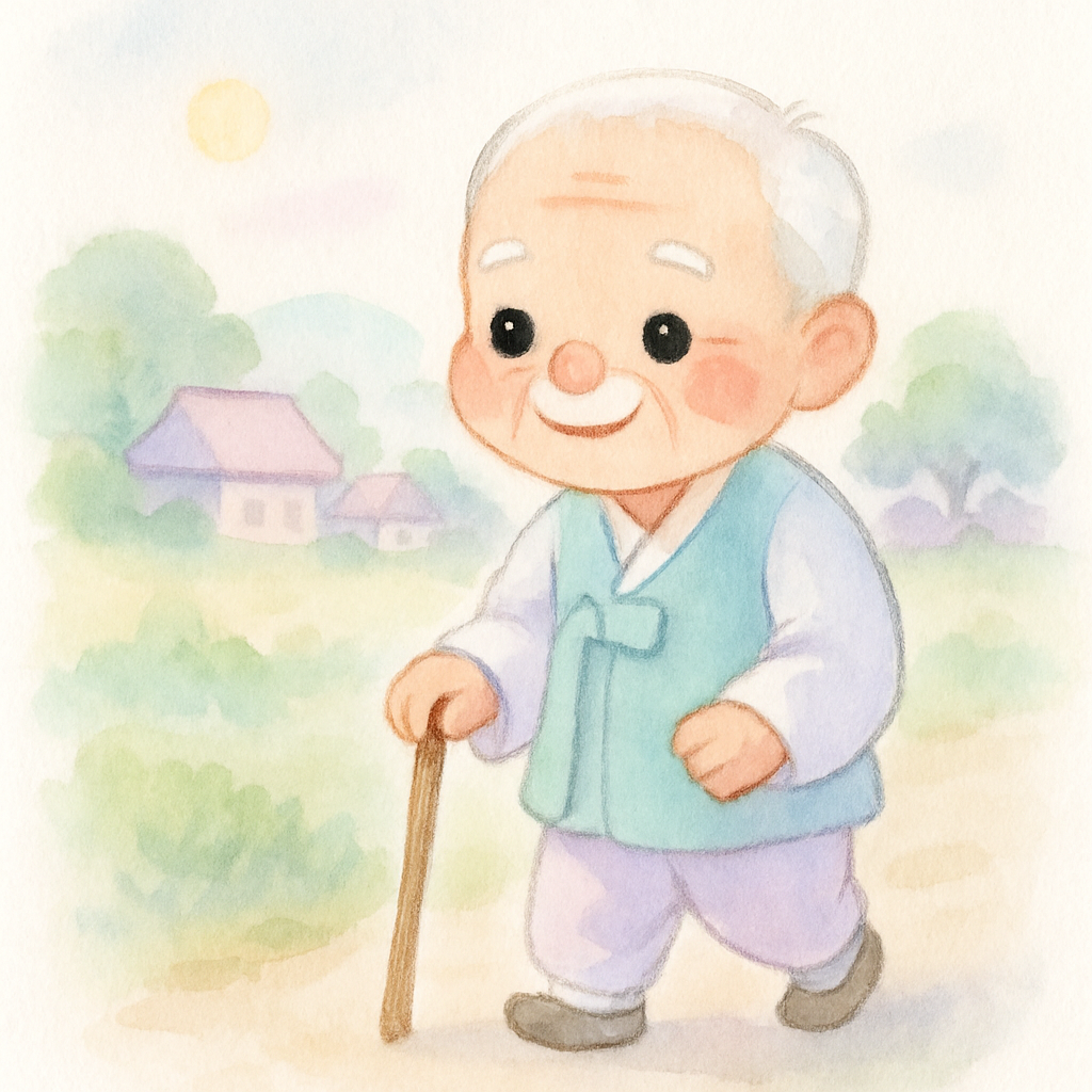 할아버지가 지팡이를 짚고 산책하는 평화로운 모습