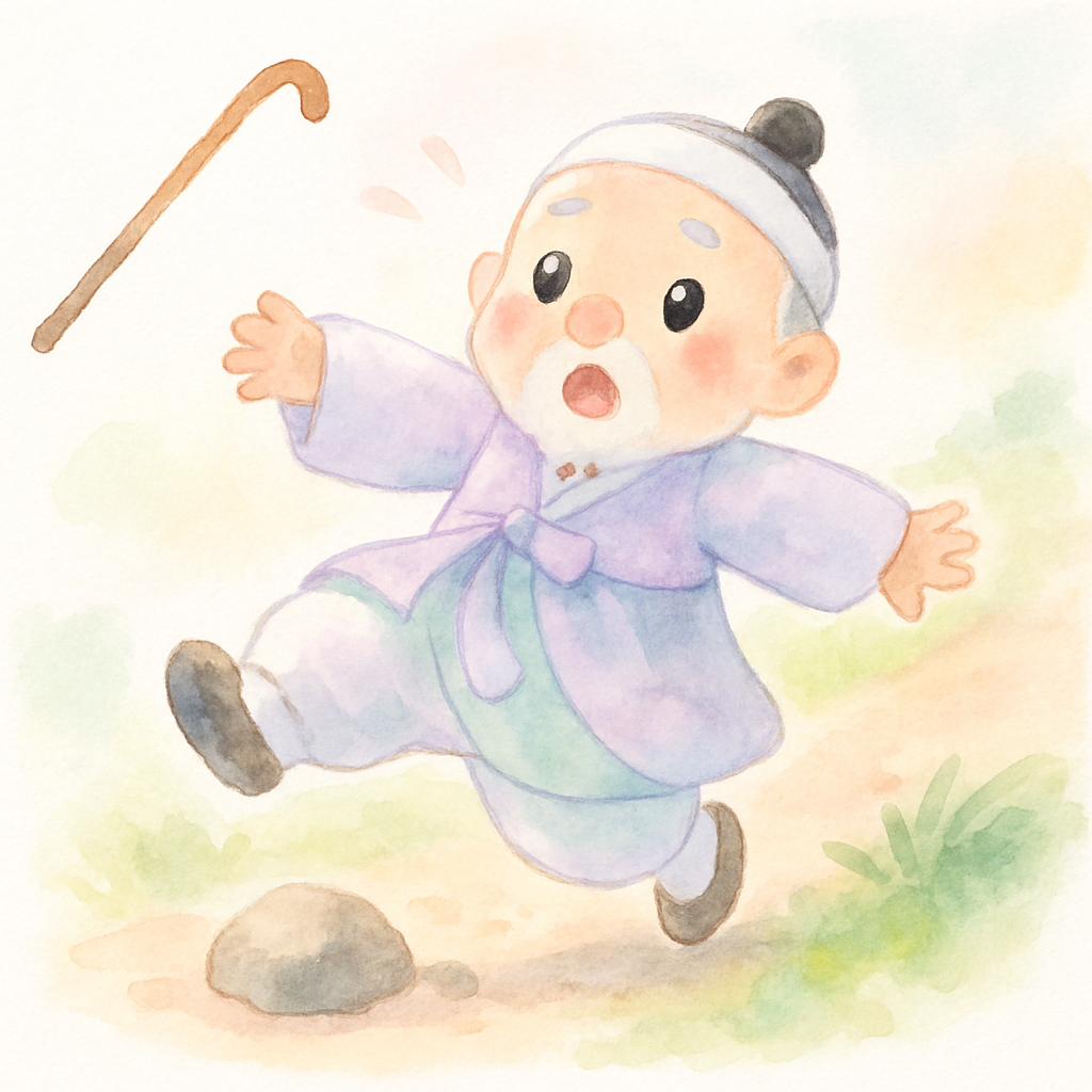 할아버지가 고개에서 돌부리에 걸려 넘어지는 장면