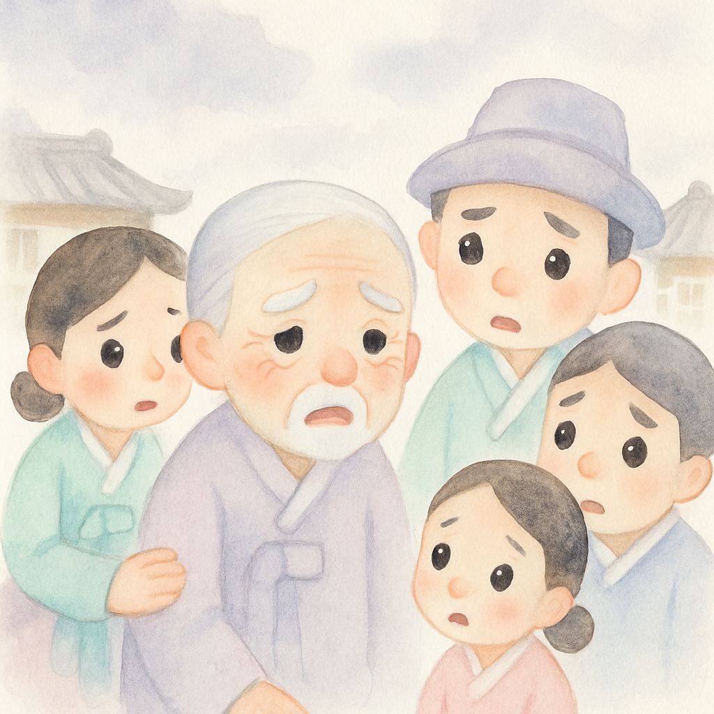 마을 사람들이 할아버지에게 걱정스럽게 말하는 장면