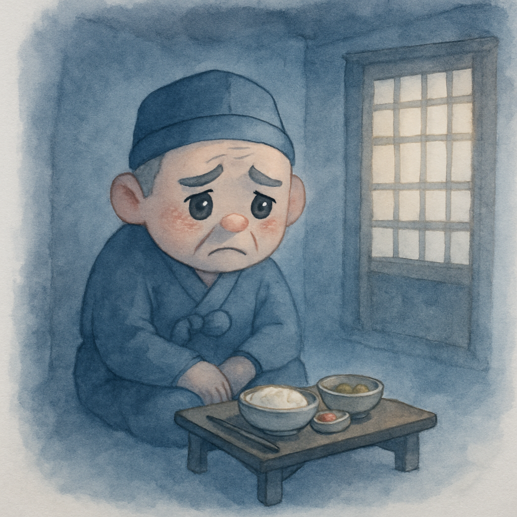 할아버지가 집에서 걱정하며 풀이 죽어있는 모습