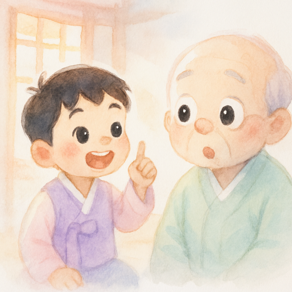 어린 손자가 할아버지에게 좋은 방법을 말하며 밝게 웃는 장면