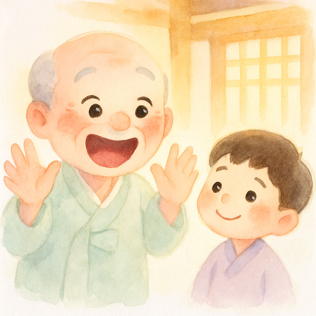 할아버지가 깨달음을 얻고 활짝 웃는 장면