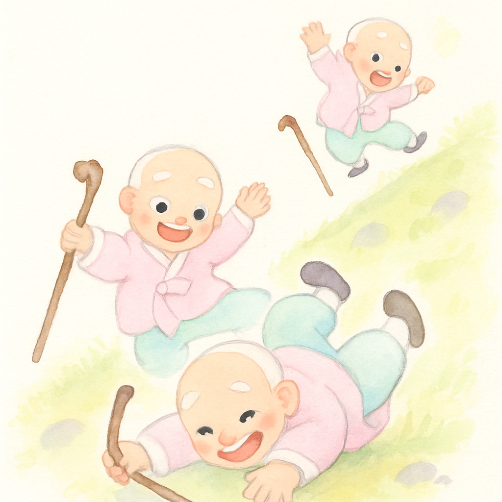 할아버지가 삼년 고개에서 일부러 폴짝폴짝 뛰며 넘어지는 장면