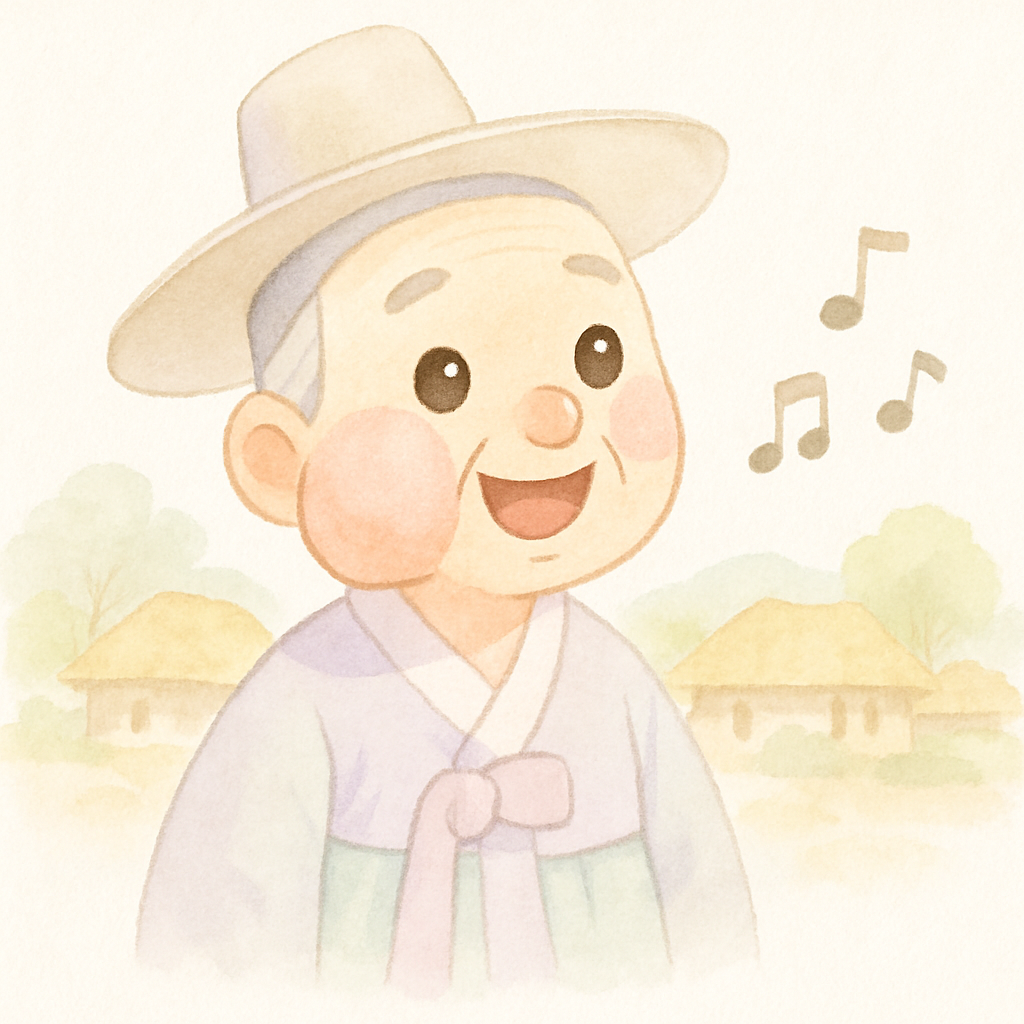 볼에 큰 혹이 있지만 웃고 있는 할아버지가 즐겁게 노래 부르는 모습