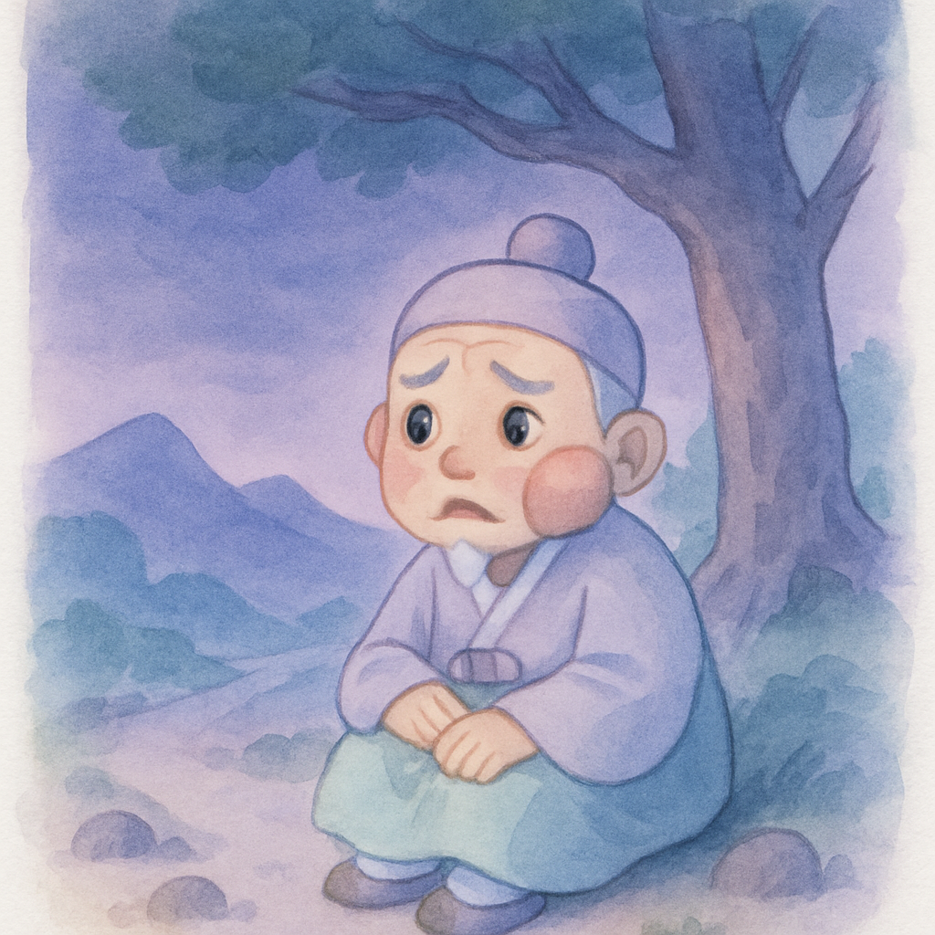 어두워진 산길에서 나무 아래 쉬고 있는 할아버지