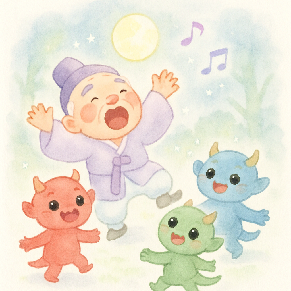 할아버지가 나무 뒤에서 나와 도깨비들과 함께 노래하고 춤추는 장면