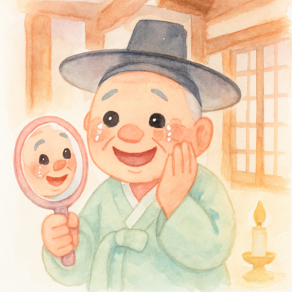 집에서 거울을 보며 매끈해진 볼을 확인하고 기뻐하는 할아버지